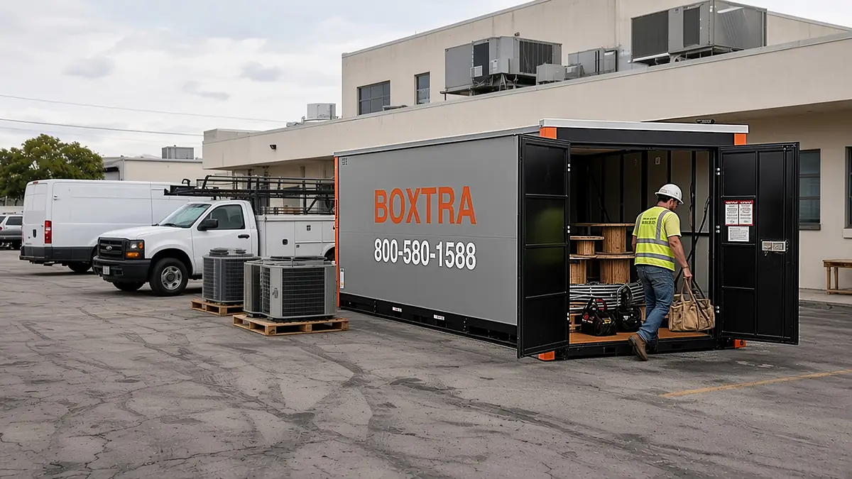 Boxtra storage container on a Electrical, HVAC and Plumbing job site
